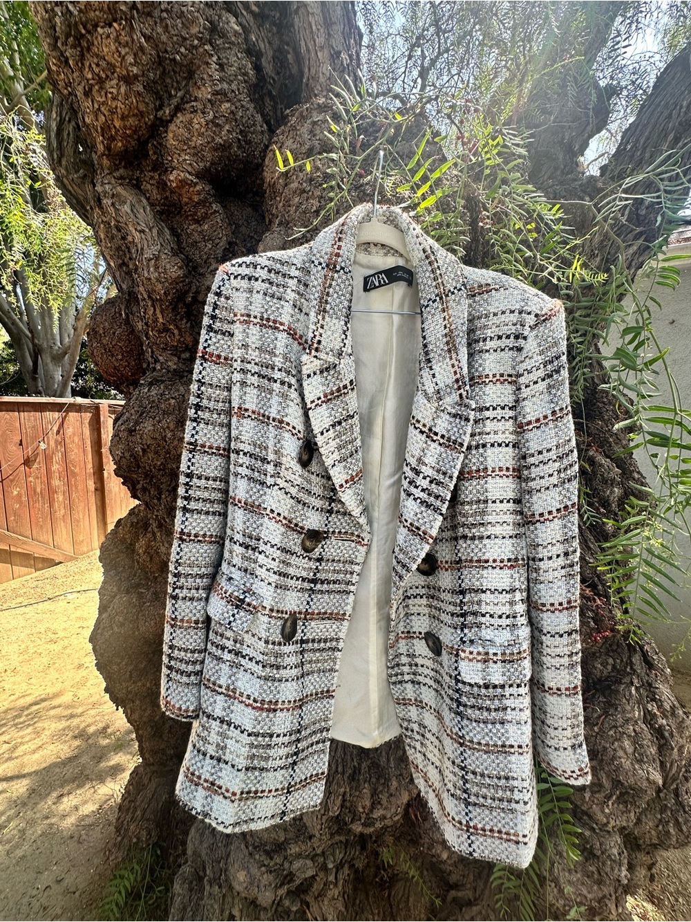 ZARA Cream Tweed Double-Breasted Blazer with Brown & Black Accents